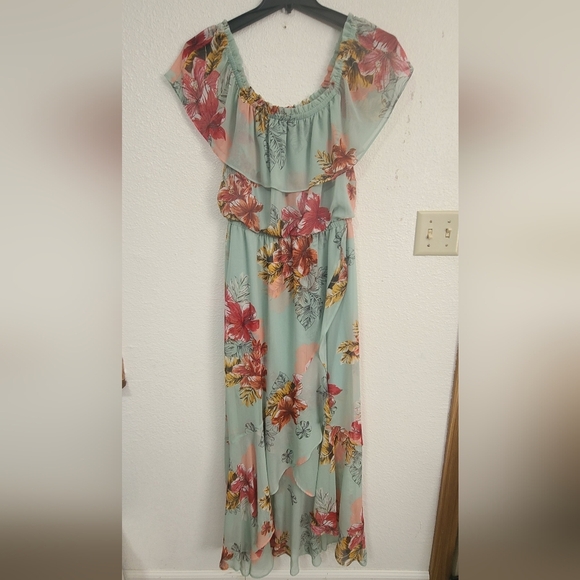 Express Dresses & Skirts - Express Mint Green Floral Blouse with Ruffle Trim